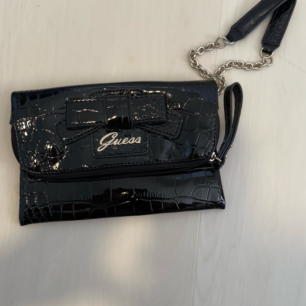 Guess Shiny Black Croc-Pattern Wristlet